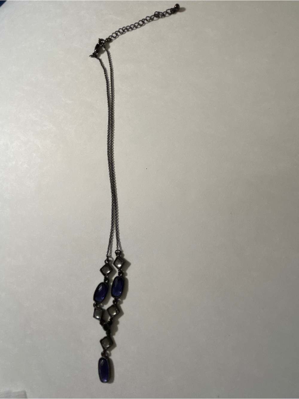 Vintage Avon Signed Gunmetal Cobalt Blue & Faux Opal Y-Drop Necklace